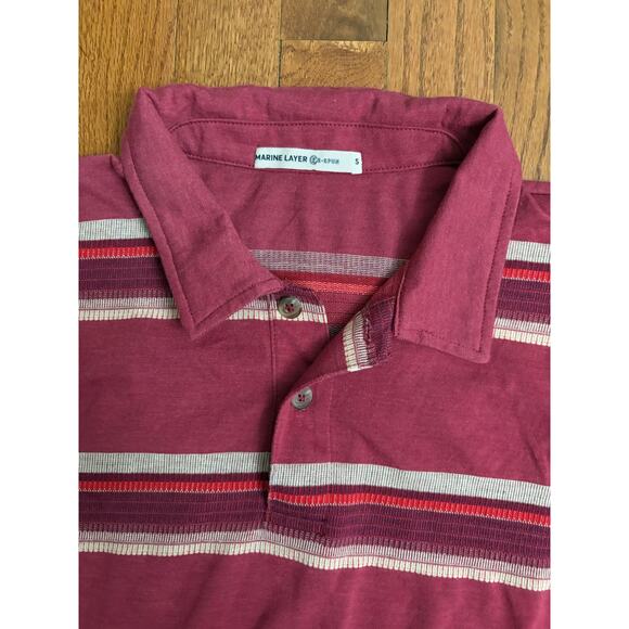 Marine Layer Men’s Polo Shirt Small RE-Spun Burgundy Striped Short Sleeve Cotton - Picture 4 of 6